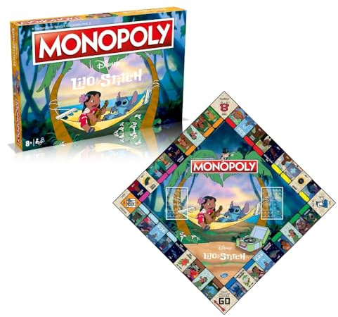 Hasbro Monopoly Disney, Lilo & Stitch – Brettspiel für Familien und Kinder 8+ | Italienische Ausgabe mit ikonischen Figuren, exklusiven Spielfiguren und tropischen Hawaii-Grafiken