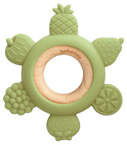 BEBEDOO - Anneau de Dentition en silicone et bois – Soulage la poussée dentaire de bébé – Facile à nettoyer, Motifs fruités | Éveil & sensoriel | Léger, coloré, texturé & facile à saisir (Vert)