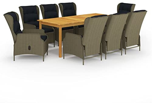 Tonture 9-TLG. Garten-Essgruppe, Akazienholz Braun, verstellbare Rattan-Stühle, für Terrasse & Außenbereich, 200x90cm