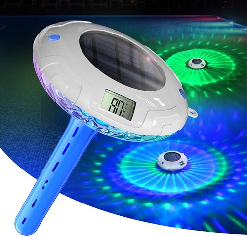 Luce solare per piscina con doppio display LCD, termometro galleggiante per piscina facile da leggere, 8 effetti di illuminazione dinamici, termometro digitale impermeabile IPX7