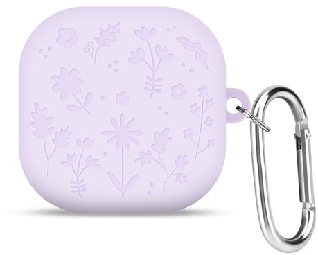 DiyGody Silicone Case Compatible with Samsung Galaxy Buds 4/4 Pro with Keychain, Protective Cover with Engraved Floral Plant Design for Women, Shockproof Dust-Proof Anti-Scratches TPU Case, Purple
