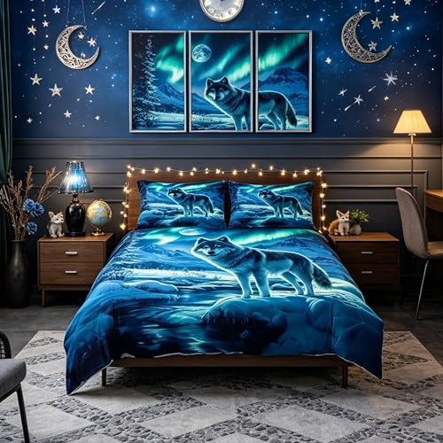 Homemissing Wolf Bettwäsche Set 135x200cm Wolves Howling Bettbezug mit Reißverschluss Western Farmhouse mit 1 Kissenbezug Wildes Tier Bettwäsche-Set