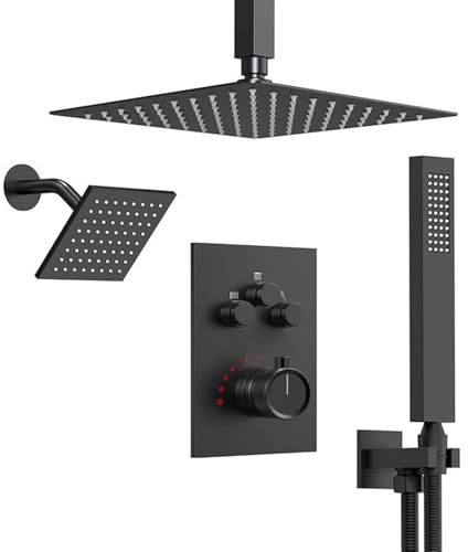 XJTNLB Colonne de Douche Thermostatique Encastrée avec Affichage Led et 30cm Pommeau de Douche Carré,Noir