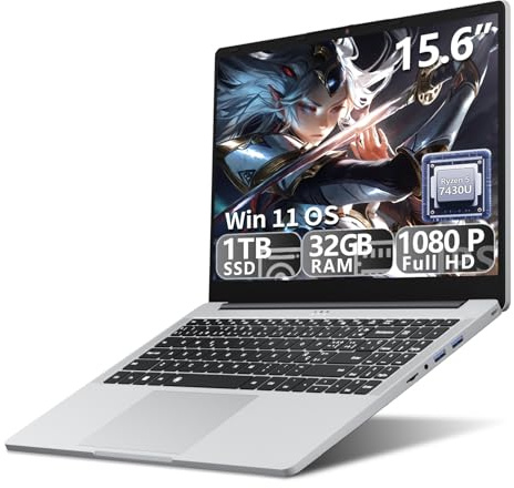 PC Portatile 15,6 Pollici Notebook Win 11 Ryzen 5 7430U (4.3GHz) Processore Grafica Radeon, 32GB DDR4 RAM 1TB SSD, Laptop Tastiera Retroilluminata USB 3.2 Type-C WiFi 6 BT 5.1 Computer Portatile
