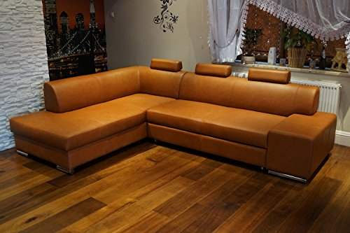 Quattro Meble Cognac Farbe Echtleder Ecksofa London II 3z 275 x 200 Sofa Couch mit Bettfunktion, Bettkasten und Kopfstützen Braun Glatt Echt Leder Venice Cognac Eck Couch große Farbauswahl