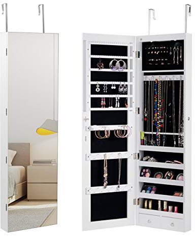 COSTWAY Armadietto per Gioielli con Specchio Portagioie, Specchiera da Parete con Luci LED, Bloccabile a Chiave, 33,5 x 10 x 120 cm (Bianco)