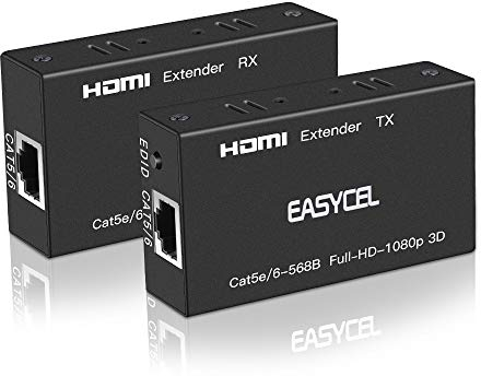 EASYCEL 60M HDMI Extender (Sender und Empfänger) Über Single RJ45 Cat5e Cat6 Cat7-Kabel bis zu 60m Länge, Unterstützt 1080p 3D HDCP EDID für PC/Laptop, DVD, Sky, PS3, PS4, HD-Kamera