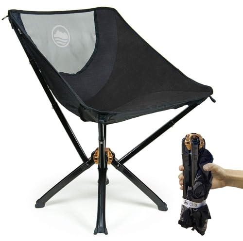 CLIQ Portable Chair Version ClassiQ 1.0 - Collapses to Size of Water Bottle - Lightweight Folding Chair for Camping - Outdoor Chair Supports 350 Lbs - Camp Chair Outdoor Adventures - Black