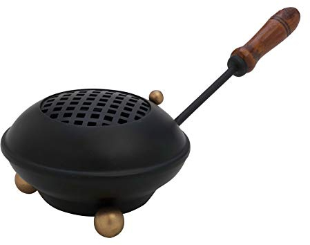 Grande padella per affumicare [diametro 11 cm, lunghezza circa 25 cm], in ferro, nero opaco, con setaccio rimovibile e manico in legno