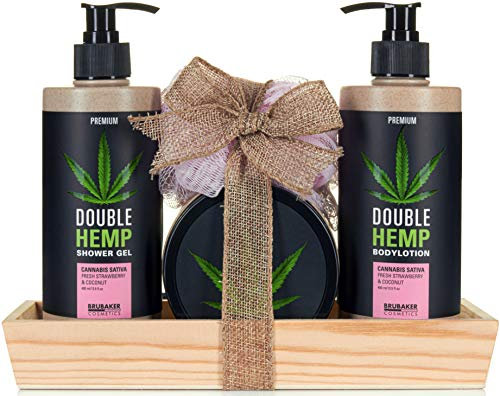 BRUBAKER Cosmetics Hemp Oil Body Care and Shower Set Fresh Strawberries & Coconut with Wooden Tray (5 Pieces)