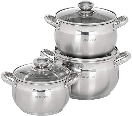 Daniks Classic 6-teiliges Edelstahl Topfset Induktion, Kochtopf Set mit Glasdeckeln, 16/18/20 cm, Nudeltopf, Suppentopf, Pastatopf, Silber