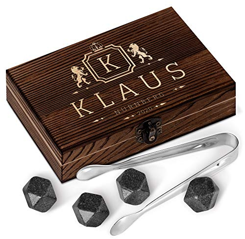 Maverton Whisky Steine Set - in Holzbox mit Gravur - 6 Eiswürfel + Zange + Velourbeutel - wiederverwendbar - aus Granit - Geschenk für Männer - Name