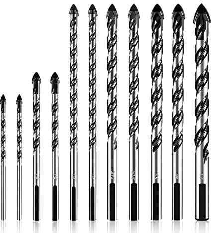 Lot de 11 forets à maçonnerie pour verre, carrelage, brique, ciment, béton, plastique, parpaing, bois, etc. avec pointe en carbure de tungstène de résistance industrielle, 0,3 cm - 1,27 cm amoolo