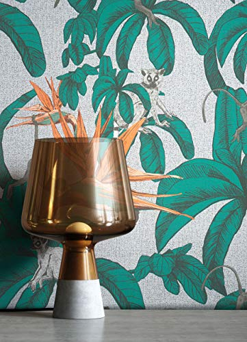 NEWROOM Tapete Grau Vliestapete Dschungel - Mustertapete Modern Grün Orange Blätter Affe Floral Dschungeltapete Bananenblatt Regenwald inkl. Tapezier-Ratgeber