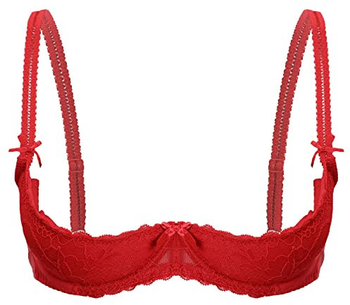Zaldita Womens Lace 1/2 Cups Balconette Bralette Push Up Sheer Mesh Underwire Shelf Bra Tops Red L