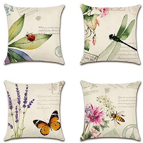 Artscope wasserdichte Kissenbezugen, 4 Stück Insekten und Pflanzen Kissenhülle Atmungsaktiv Kissen Fall für Outdoor Balkon Terrasse Patio Garten Bauernhaus Dekor 40 x 40cm