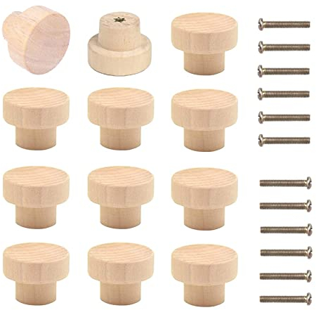 Bymivofun 12 Stück Runde Möbelknöpfe aus Holz, 35mm Schubladengriffe aus Holz, Griffe Möbelknöpfe, für Schränke, Schubladen, Schrankknöpfe, Kommode, Möbel