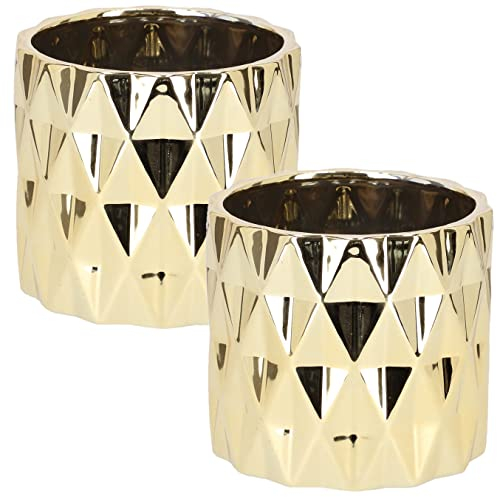 KOTARBAU® 2 x Maceteros de cerámica de 120 mm, Color Dorado, Macetas Decorativas para Flores y Plantas, Maceta cilíndrica, Diseño geométrico y Minimalista, Cerámica esmaltada Brillante, Tiesto, 2 uds