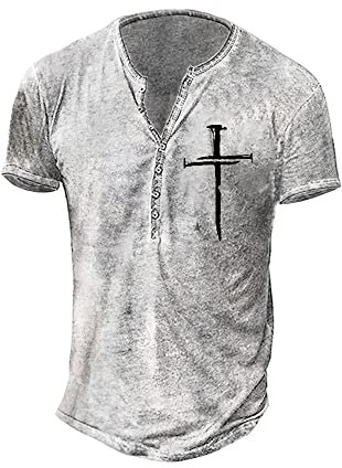 Mens Henely Shirts Vintage Distressed Summer Tops Button Up Blouse Short Sleeve Casual Tee Shirts DT9 White XL
