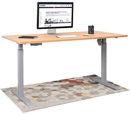 KRIEG HighDesk SMART Höhenverstellbarer Schreibtisch 160 x 80 cm I Silber + Buche - Elektrischer Sitz- & Stehtisch mit Tischplatte - Stehschreibtisch Elektrisch Höhenverstellbar