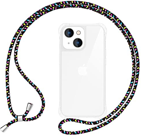 NALIA Handykette für iPhone 14 - Transparentes Hybrid-Case & Band - HANGIT PRO (Anti-Gelb Rückseite & Verstellbar) - Marke aus Berlin, Farbe:Schwarz Bunt