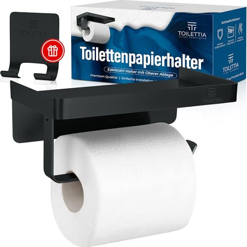 TOILETTIA Toilettenpapierhalter schwarz matt, ohne Bohren, mit Ablage – vielseitige Ablage mit sicheren Rändern für Wertgegenstände, rostbeständiger SUS304-Edelstahl Klorollenhalter schwarz mit Ablage