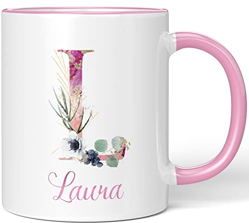 JUNIWORDS Tasse, Laura, Name Anfangsbuchstabe Initial Alphabet Floral Buchstabe L Monogramm Motiv, Rosa (5520292)