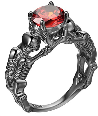Banemi Verlobungsring XXL, Damenring Nickelfrei Totenköpfe mit Rotem Zirkonia Ringe für Frauen Weihnachten Größe 52 (16.6)