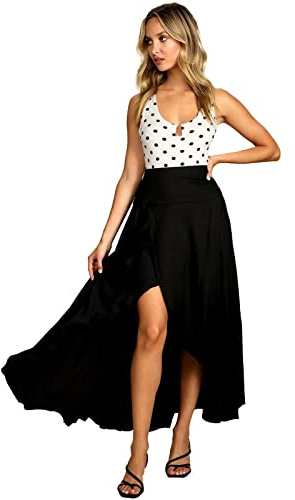 Wickelrock Rock mit Schlitz Damen Elegant High Waist Elastische Vokuhila A-Linie Yoga Lang Sommer Strandrock Maxirock Tanzrock Midirock Schwarz M