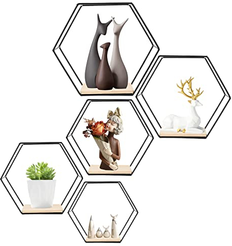 Hexagon Wandregal Ablage aus Holz Metall, 5 Größen Hängeregal Schweberegal Gitterregal Wanddeko Dekorative Regale für Wohnzimmer Schlafzimmer Küche