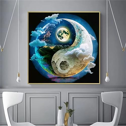 5D Diamond Painting Set Yin-Yang-Mond-Szenerie,Diamant Painting Bilder Kit DIY Malen nach Zahlen Erwachsene Stickerei Kreuzstich Voll Strass Kristall Diamant Kunst Handwerk für Home Wand-Decor 60x60cm