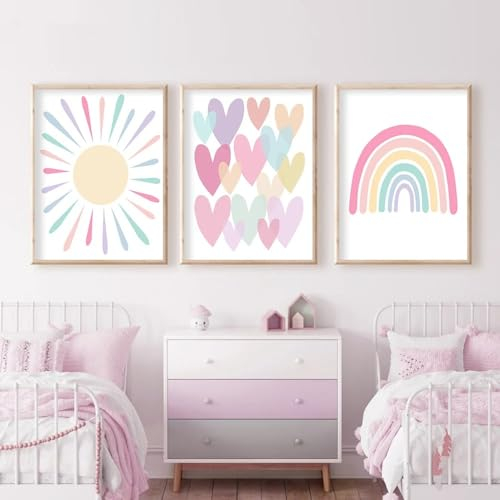 Bilder Kinderzimmer Poster Regenbogen Herzen Boho Wandposter, Bilder Set Junge Mädchen Babyzimmer Kinderbilder, Wandposter Premium, Ohne Rahmen (40x50cm)