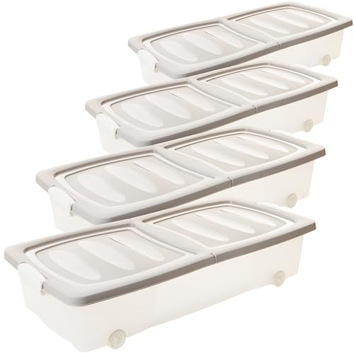 2friends Unterbett Aufbewahrungsbox Flach, 4er Set Unterbettkommoden, 32 Liter mit Rollen, Transparent Bettkasten, Deckel, Clip-Verschlüssen, Aufbewahrung, Unterbettbox