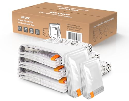 Wevac Juego de 10 Bolsas al vacío para aspiradora de Ropa (2 Jumbo, 2 Grandes, 2 Grandes, 2 Medianas, 4 Rollos), Reutilizables, Ideales para Ropa, compresión de Techo y Viajes, Transparente