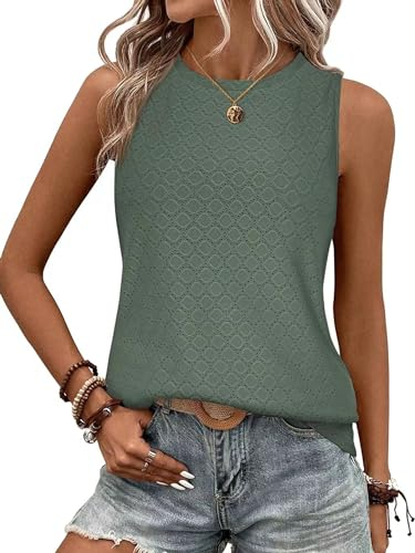 BAISHENGGT Damen Tank Tops Sommer Rundhals Ärmellos Ausgehöhlt Basic T Shirt Oberteile Grün L