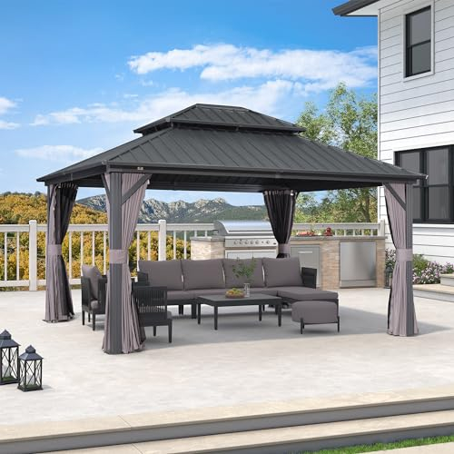 PURPLE LEAF Gartenpavillon 3.65 x 4.25 m Festem Dach, Basisch Pavillon Wasserdicht Stabil Winterfest Hardtop Pavillon mit Seitenwänden Alu Gartenpavillon mit Stahldach, Grau