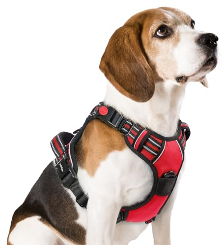 rabbitgoo Hundegeschirr Mittelgroße Hunde, Verstellbare Geschirr Hund ohne Zug & Würgen, Anti Zug hundegeschirr mit Griff, weich Gepolsterte Reflektierende Brustgeschirr, Rot M