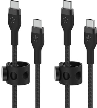 Belkin BoostCharge Pro Flex Braided USB-C to USB-C Charger Cable (6.6ft/2M), USB-IF Certified Fast Charging Cable for iPhone 16 Series, MacBook, Galaxy S25, Nintendo Switch 2 & More - Black (2-Pack)