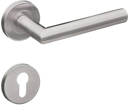 Gavroche Edelstahl Türgriffe Set PZ Profilzylinder | Türklinken für Innentüren | Drückergarnitur für Zimmertür mit runder Rosettengarnitur | Türbeschlag in L-Form