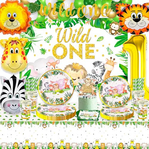 Wild One Birthday Decorations, Jungle Animal Party Decorations HAPPY BIRTHDAY Backdrop Plates Cups Napkins Straws Tablecover Tableware Set for Wild One Party Supplies, 20 Guests