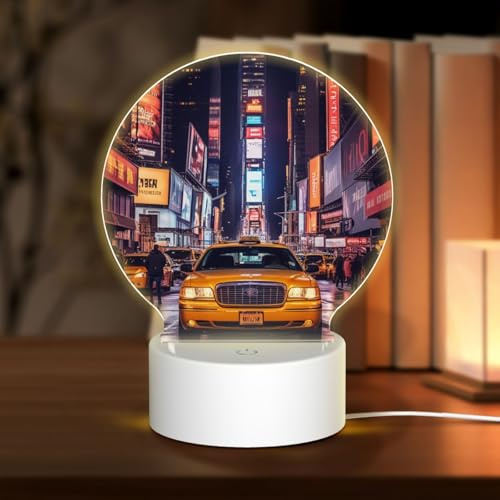 KLAMN WZ201 Nachttischlampe mit Acryl-Touch, rund, New York Nacht, bedruckt, LED-Nachtlampe mit USB-Stecker, 3 Farben, dimmbar