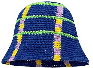 Lustiger Hut Herren Gehäkelte Eimermütze für Frauen, Strickmütze, handgefertigt, faltbar, Floppy-Strandhut, modisch, niedlich, gestreift, floral, Fischerhut Fischerhut Techno (Blue, M)