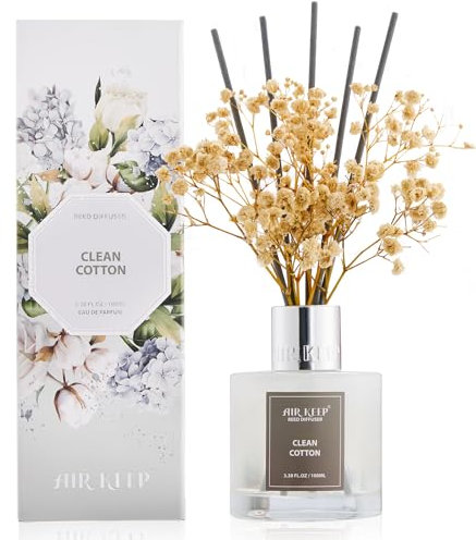 Airkeep Raumduft Clean Cotton Duft, Frische Baumwolle Reed Diffuser mit 8 Duftstäbchen, Lufterfrischer für Badezimmer, Wohnung, Heimdekoration, 100ml