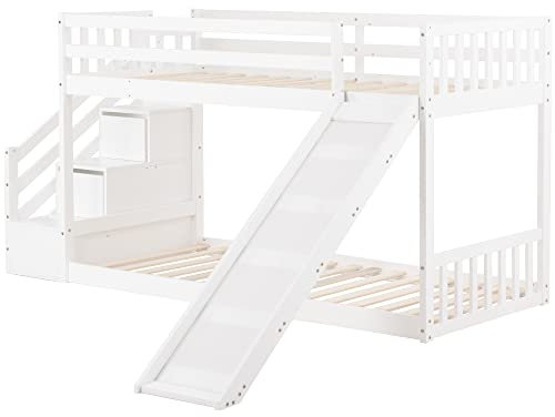 Merax Children's Cabin Bed Bunk Bed with Storage Stairs, Slide and 2 Drawers, Solid Pine Wood Frame, Kids Children Teenagers, White (2 * 90x190cm)