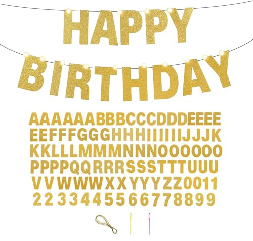 107Pcs Buchstabe Numerisch Banner Individuell gestaltete Flash-Banner Verzierungen Personalisierte Geburtstag Weihnachten Karneval Party (Gold)