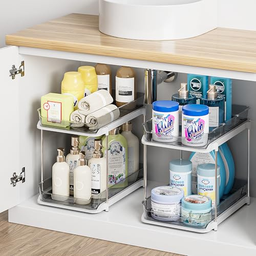 Delamu Under Sink Organizer, Küchen Spülschrank organizer, Grau | 2 Stück, 2 Etagen Badezimmer Organizer, Multifunktional für Küche & Badezimmer, Acryl,Schrank Organizer Ausziehbar