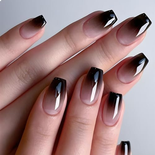 GlamRays Lot de 24 faux ongles courts à coller pour manucure française, dégradé noir-blanc brillant, avec décoration, couverture complète, réutilisables