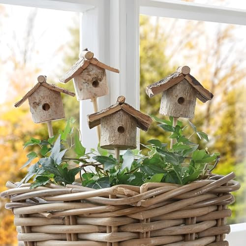 Dekoleidenschaft 4 Dekostecker Vogelhäuschen aus Holz, Natur, Stecker für Adventskranz, Gesteck & Blumentopf, Blumenstecker