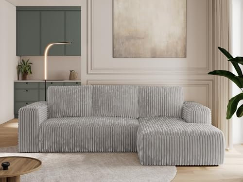 MKS MEBLE Sofa mit Schlaffunktion - Ecksofa mit Schlaffunktion und Bettkasten - Sofa 3 Sitzer - Schlafsofa - Couch - Schlafsofa mit Bettkasten - Trentino L - Hellgrau Cord - Rechts