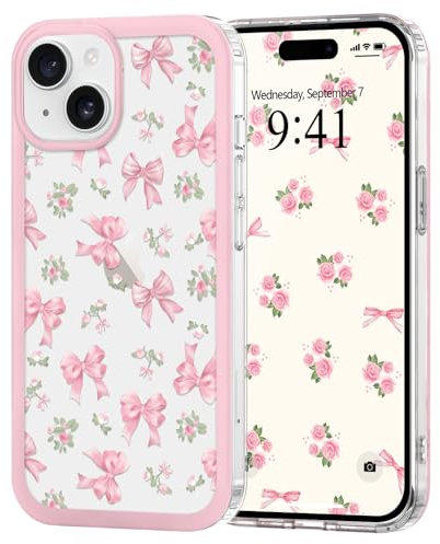 Urarssa Case for iPhone 15, Cute Bowknot Pattern Aesthetic Bow Design Phone Case for Women Girls, Soft TPU Bumper Clear Shockproof Protective Girly Cover for iPhone 15, Rose Bow